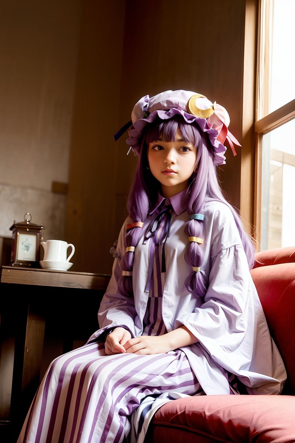 masterpiece, best quality, indoors,<lora:patchouli:1>,shoujo,1girl,purple hair,patchouli knowledge, mob cap,crescent hat ornament, ribbon,dress,