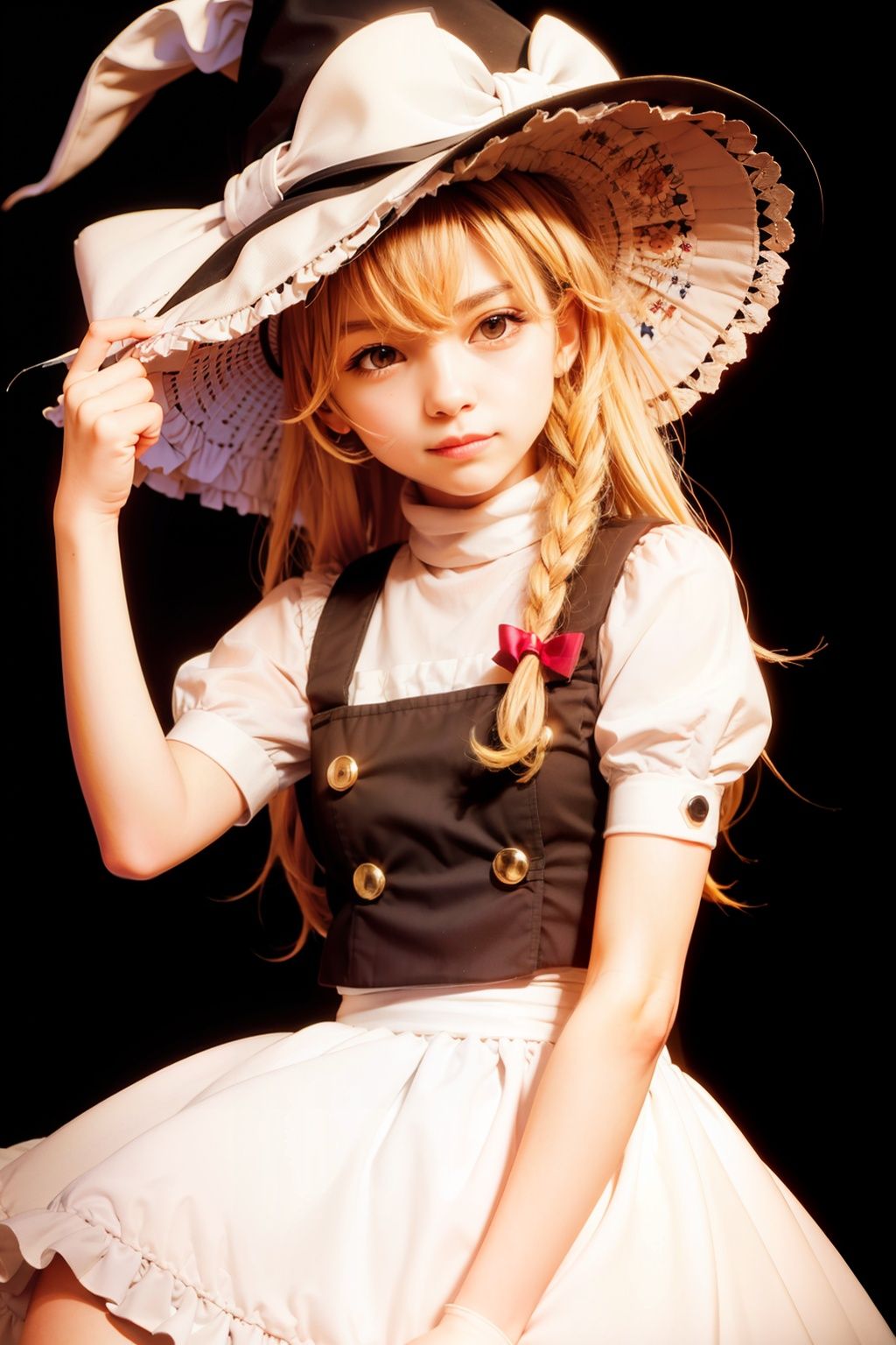 masterpiece, best quality, <lora:marisa:1>, kirisame marisa,smile,black hat,1girl, solo,yellow eyes, blonde hair, long hair, braid, witch hat,bow,wrist cuffs,short sleeves, apron