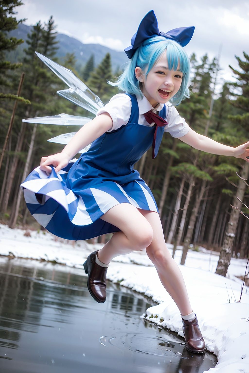 masterpiece, best quality,  <lora:cirno:1>,1girl,grin,cirno,flying, forest, ice wings,snow
