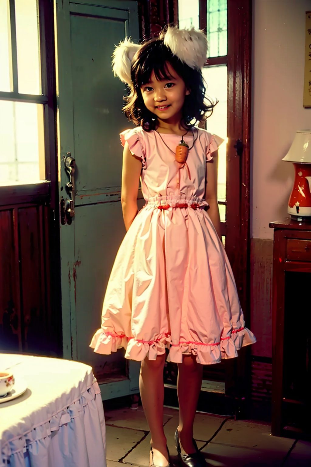 masterpiece, best quality, <lora:80year02:1>, <lora:tewi:1>, indoors,inaba tewi,1girl,little girl,loli,pendant,carrot, short hair,rabbit ears,brown hair,pink dress,sleeveless, photoshop \(medium\)