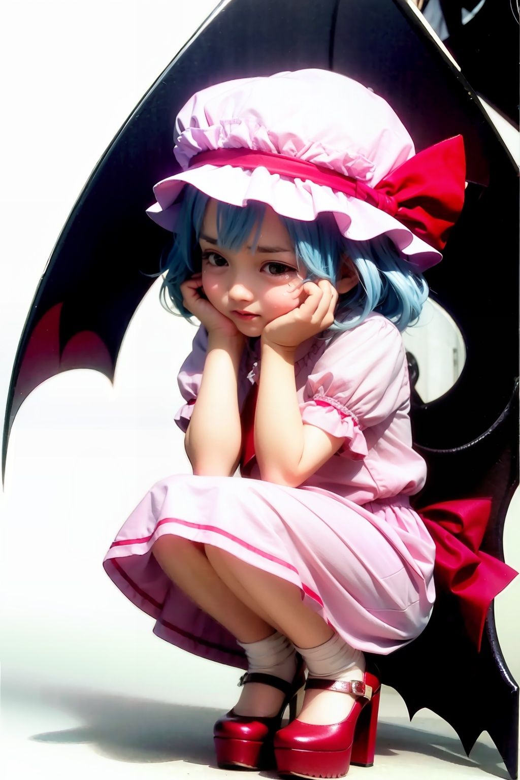 masterpiece, best quality,  <lora:remilia:1>,1girl,remilia scarlet, solo,hat, wings, bloomers, underwear, bat wings, blue hair, squatting, short hair, blush, hands on headwear, ribbon, simple background, white bloomers, white background, chibi, dress, shoes, flying sweatdrops, hands on own head, tears, hat ribbon, covering face, pink dress