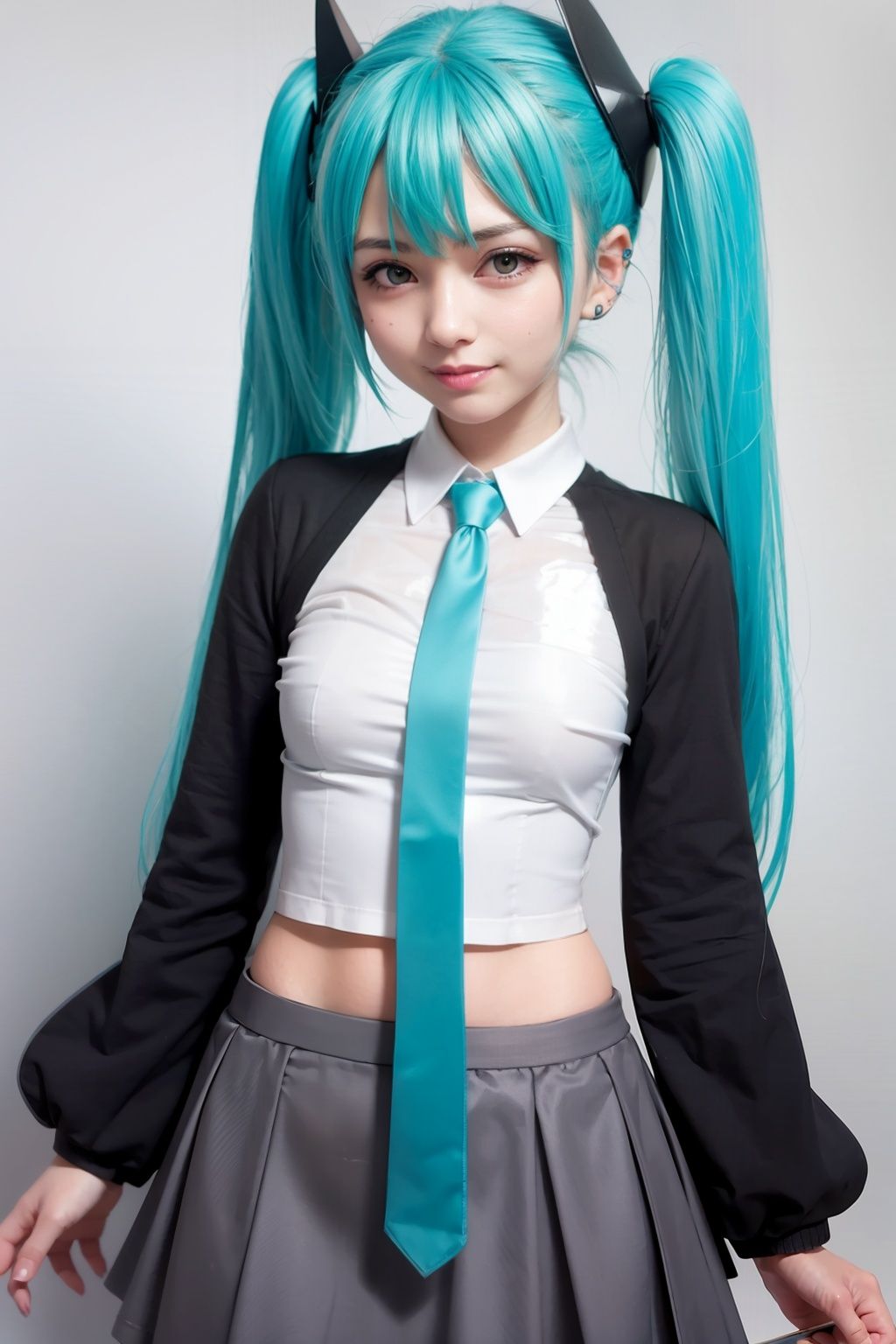 masterpiece, best quality, 1girl,hatsune miku, smile,green hair, long hair,twintails, headgear, detached sleeves, black sleeves, grey shirt,black skirt,grey background, 