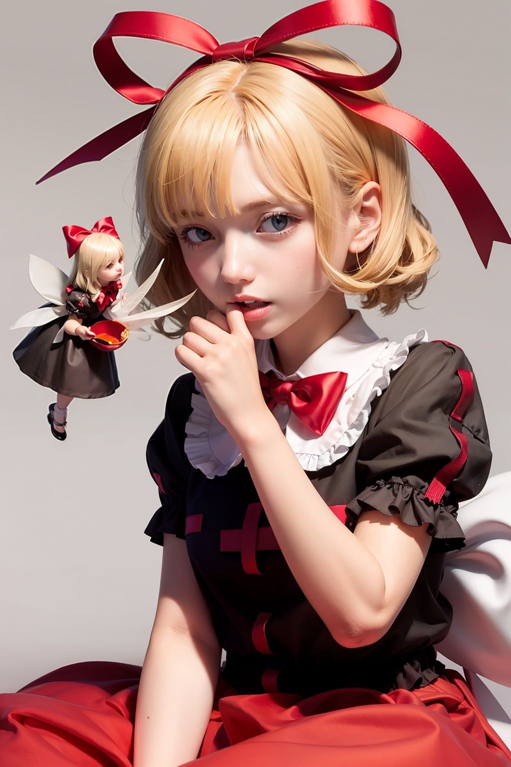 masterpiece, best quality,   <lora:medicine:1>,2girls,multiple girls,medicine melancholy,(su-san:1),blonde hair, blue eyes, bow, short sleeves, skirt, puffy short sleeves, wings, puffy sleeves, 1girl, smile, short hair, ribbon, looking at viewer, red bow, bowtie, shirt, white background, hair ribbon, red bowtie, simple background, ribbon trim, red skirt, red ribbon, fairy wings, frills, solo, white bow, hair bow, black shirt, ribbon-trimmed skirt, frilled shirt collar, ribbon-trimmed clothes, bubble skirt, doll, hand to own mouth, closed mouth, dress, hand on own face, sash
