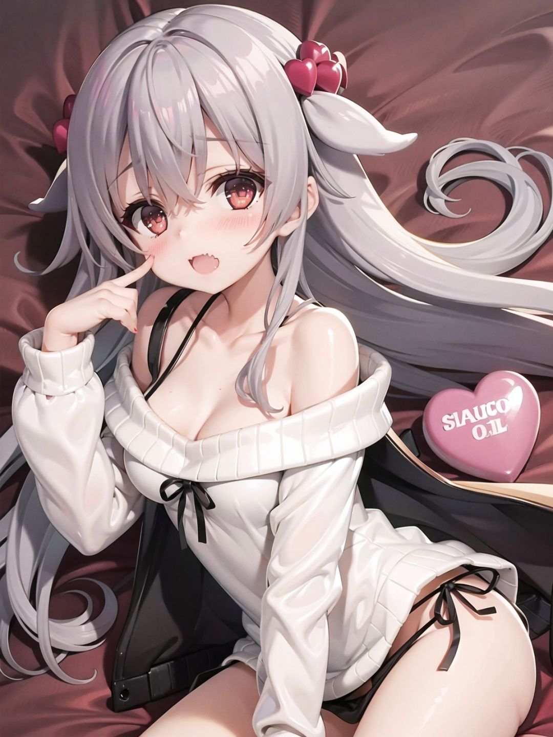 1girl,hinomi,off-shoulder sweater,heart cutout,skin fang,no underwear,
