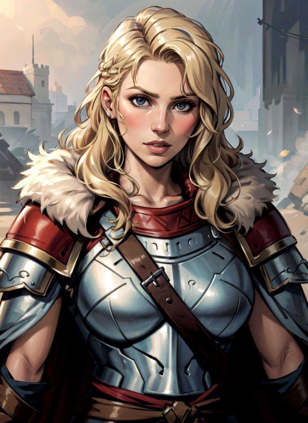 beautiful woman, viking warrior, fur cloak, armor, blonde hair, wavy hair, (closeup, portrait shot), (solo), realistic