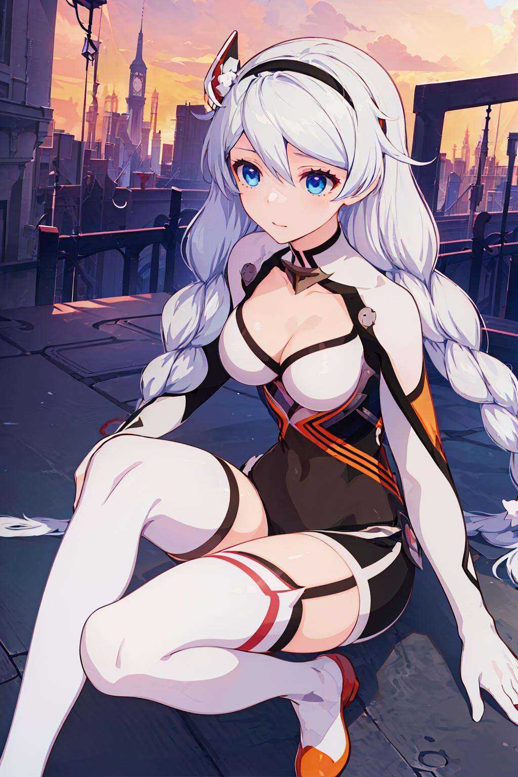ultra high res,masterpiece,best quality,1girl,kiana,hairband,twin braids,<lora:Kiana-White comet_v2:1>,leotard,white legwear,black shorts,outdoors,street,building,one knee,(looking away:1.1),