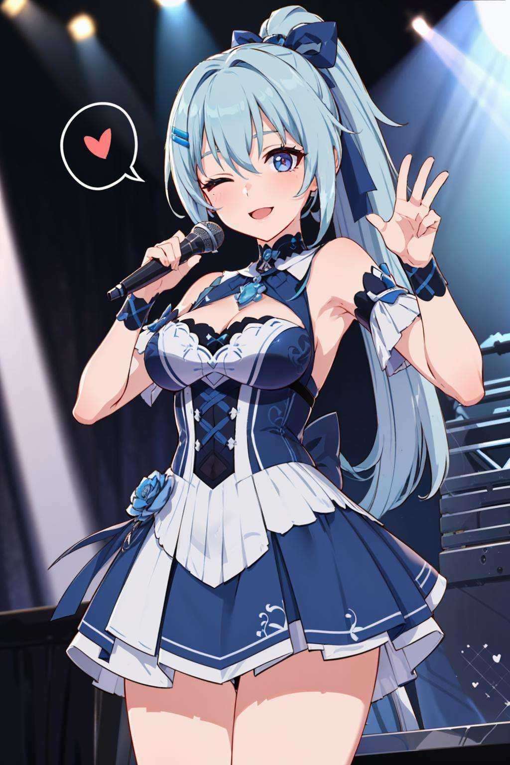 ultra high res,masterpiece,best quality,1girl,ShigureKira,hair ribbon,ponytail,idol clothes,v pose,one eye closed,smile,spoken heart,stage,stage lights,holding microphone,standing,cowboy shot,<lora:016:0.6>,