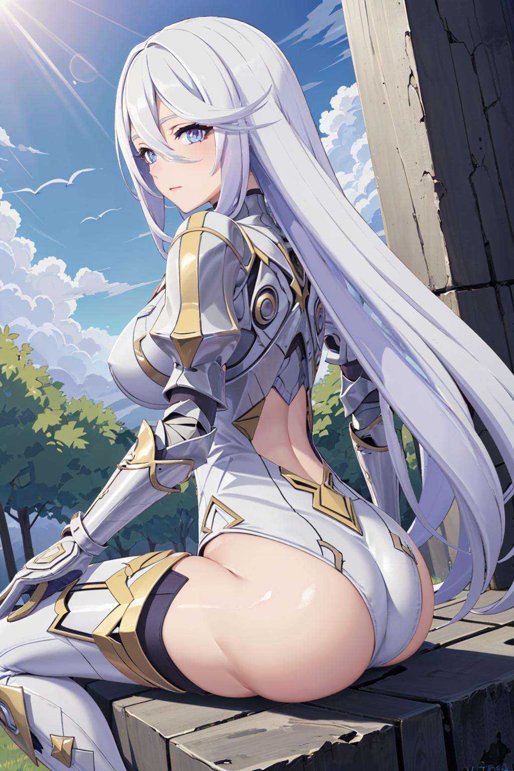 ultra high res,masterpiece,best quality,1girl,yutu,hair ornament,hair between eyes,long hair,large breasts,white leotard,white legwear,armored boots,armored gloves,puffy sleeves,outdoors,sunlight,sitting,from behind,<lora:016:0.7>,