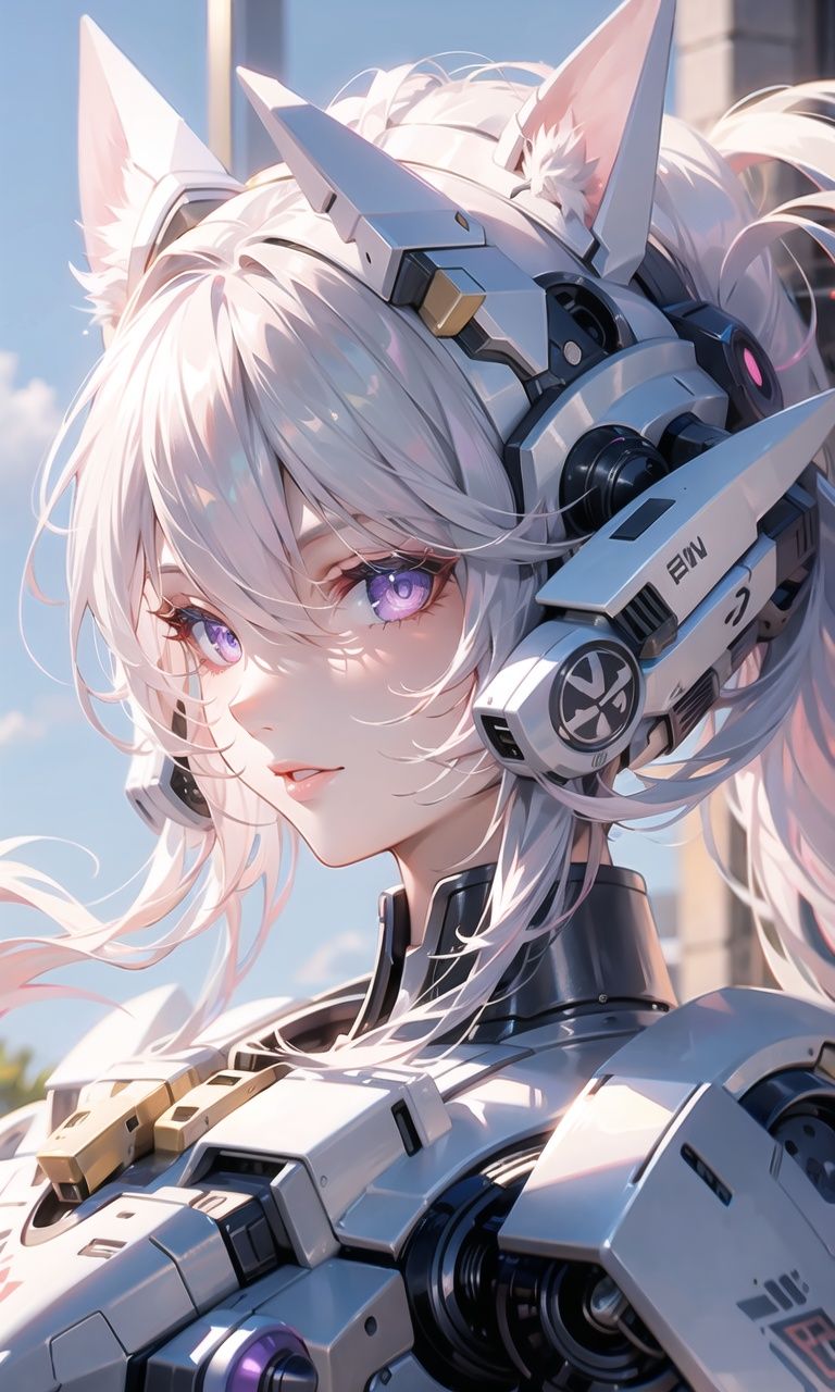 mecha, <lora:mecha girl_v1.0:0.8>,purple eyes, long hair,cat ears, cat tail,cat girl.,white hair,upper body, portrait, 