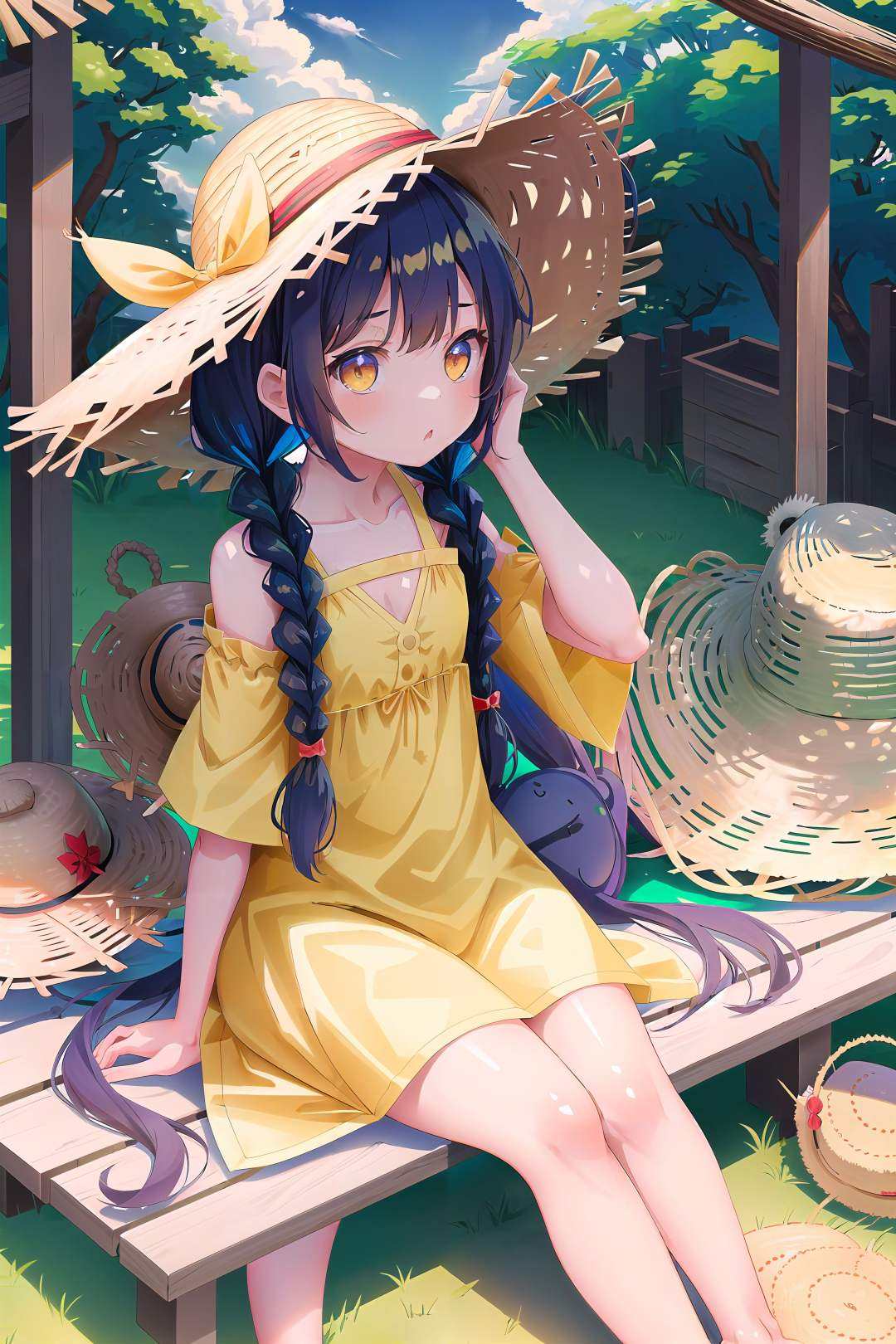 loli,chibi,A girl,long_ hair, summer dress,straw hat,Yello hair,(Bear ear),sitting,thick_ thighs,aquagradient eyes,flat_ Chest,no shoes,paddy,ミニ娘,twin braids,village girl,paddy,haystack,