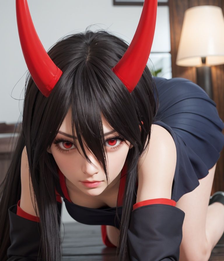 ,1girl,looking at viewer,red eyes,hair between eyes,long hair,red horn,(all fours, ), <lora:ydj_v1-000006:0.45>