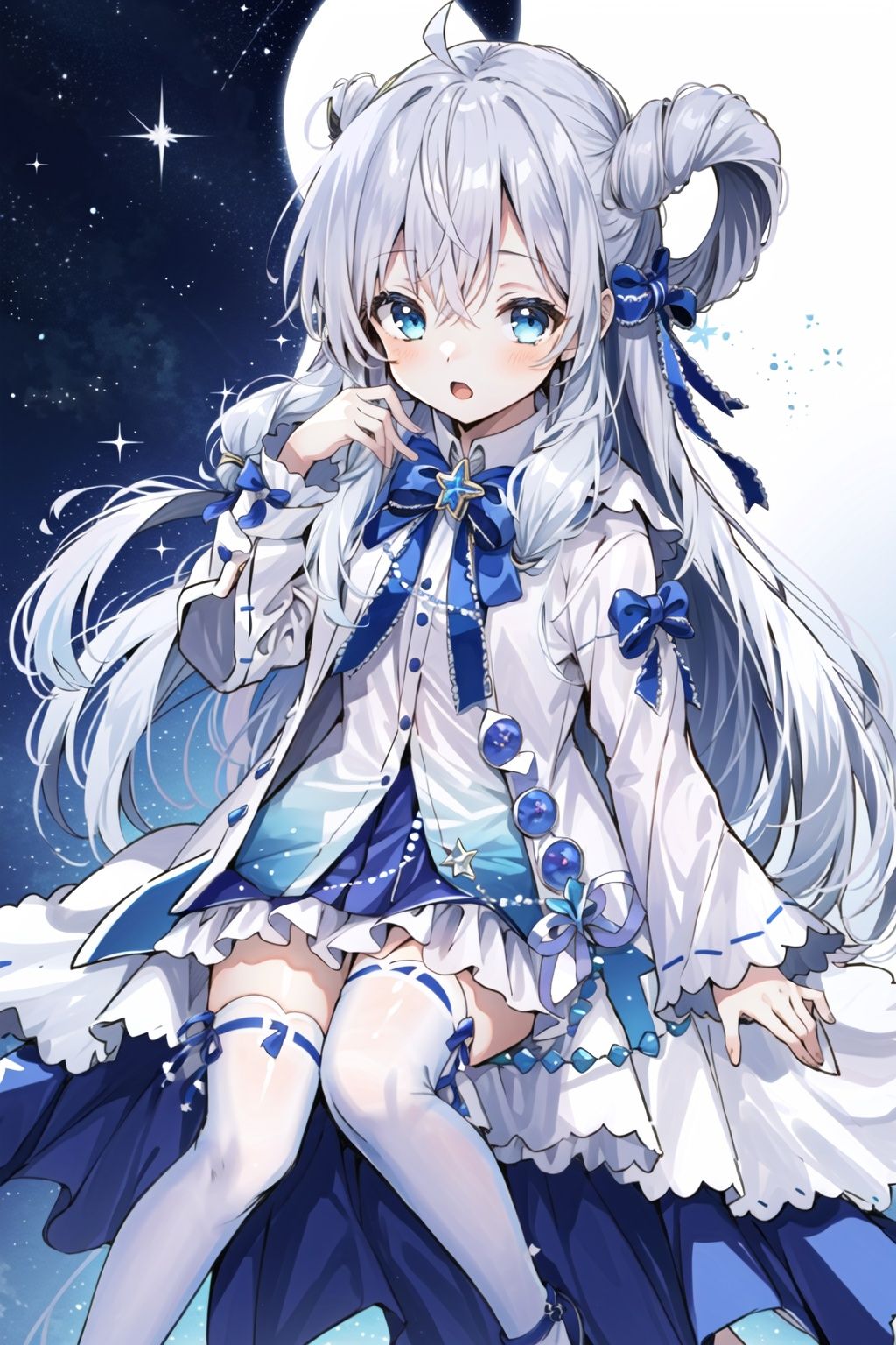 masterpiece,high quality,1girls,solo,sutera,long hair,blue eyes,white legwear,ahoge,white hair,loli,child,