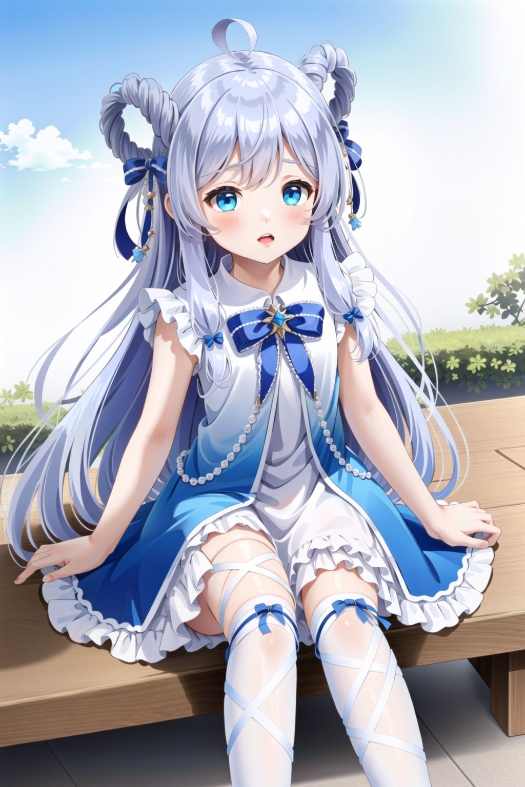 masterpiece,high quality,1girls,solo,sutera,long hair,blue eyes,white legwear,ahoge,white hair,loli,child,