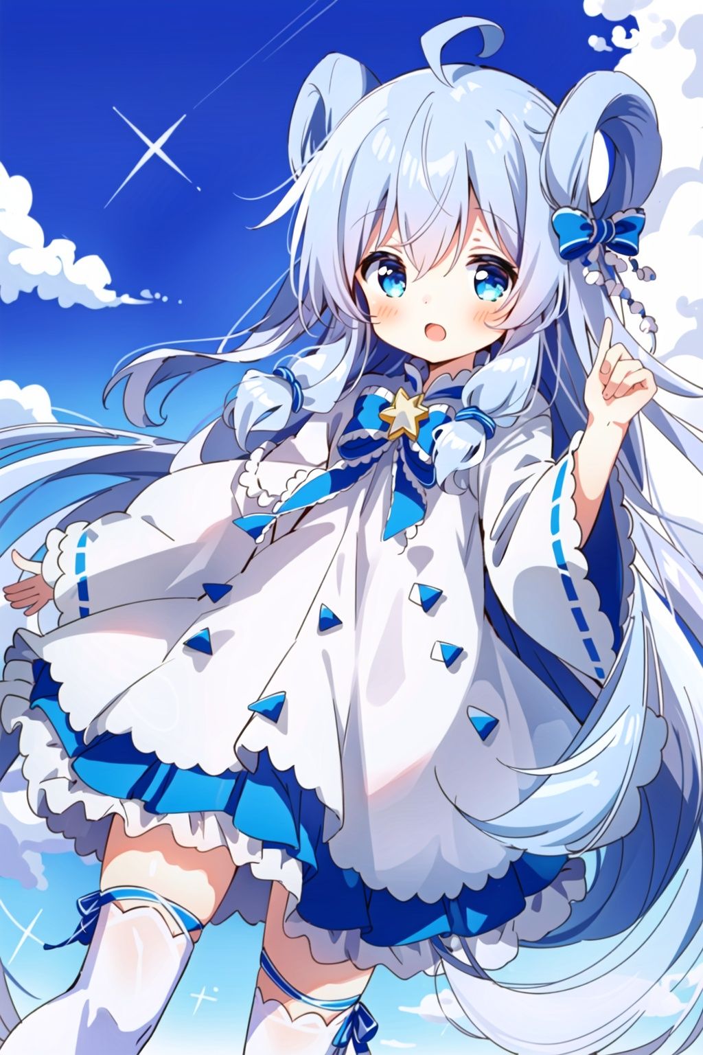 masterpiece,high quality,1girls,solo,sutera,long hair,blue eyes,white legwear,ahoge,white hair,loli,child,