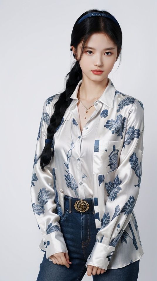 ((Versace baroque-printed silk shirt)),((乔治·阿玛尼(Giorgio Armani))),french braided headband,(((cowboy shot))), 1girl, 3d, masterpiece, best quality, ultra highres, sharp focus, professional, delicate, finely detailed, detailed skin, professional lighting, mature, idol, confident pose,makeup,style of alessandro michele,looking at viewer, ((simple background)), ((light stone-washed indigo background:1.1)), <lora:fugu:0.2>,<lora:MonkRen Lighting:0.75>  <lora:jjy:0.5>