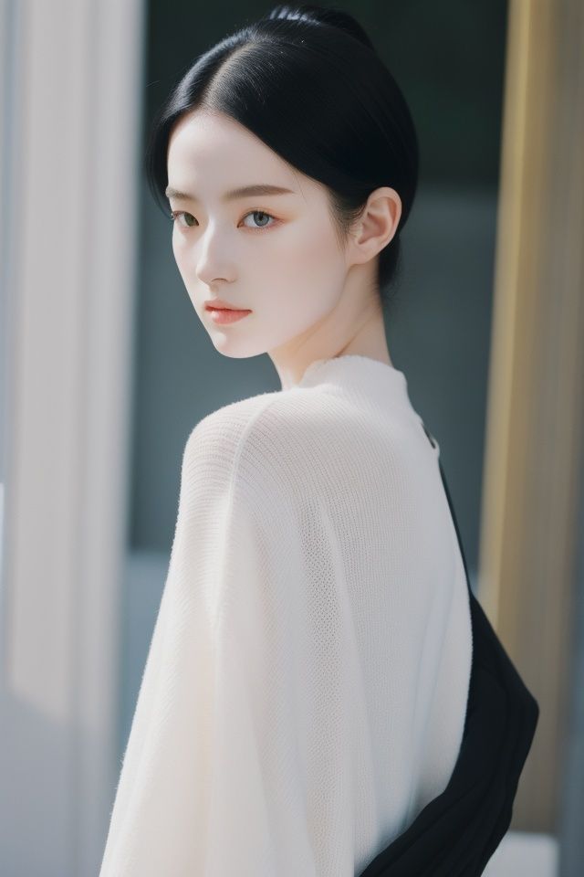1girl,black_hair,Balenciaga model,looking at viewer,pale skin,blurry_background,realistic,solo,upper_body,,