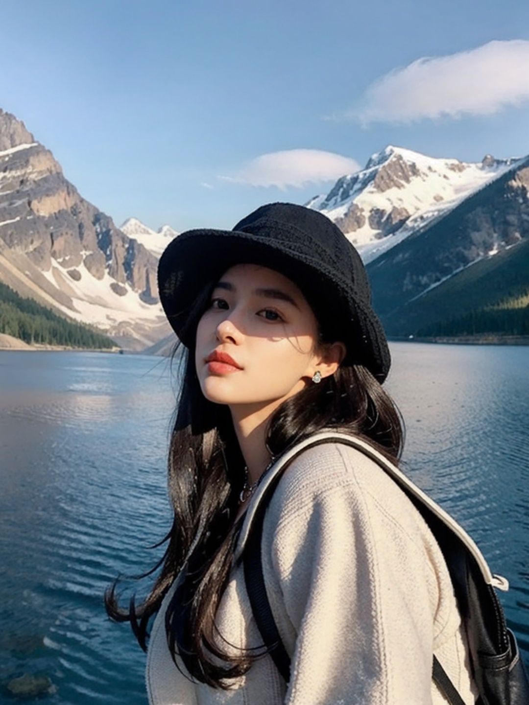 1girl, solo, hat, jewelry, long hair, realistic, black hair, earrings, outdoors, photo background, mountain, necklace, river, looking at viewer, lake, day, nature, upper body, black eyes, lips, a woman with long hair wearing a hat and a backpack near a lake and mountains with snow on the tops
