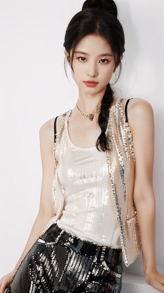 ((Sequin blazer, silk **** top, wide-leg pants, crystal jewelry)),((Thom Yorke)),spiral braid,(((cowboy shot))), 1girl, 3d, masterpiece, best quality, ultra highres, sharp focus, professional, delicate, finely detailed, detailed skin, professional lighting, mature, idol, confident pose,makeup,style of alessandro michele,looking at viewer, ((simple background)), ((light raw white background:1.1)), <lora:fugu:0.2>,<lora:MonkRen Lighting:0.75>  <lora:jjy:0.5>