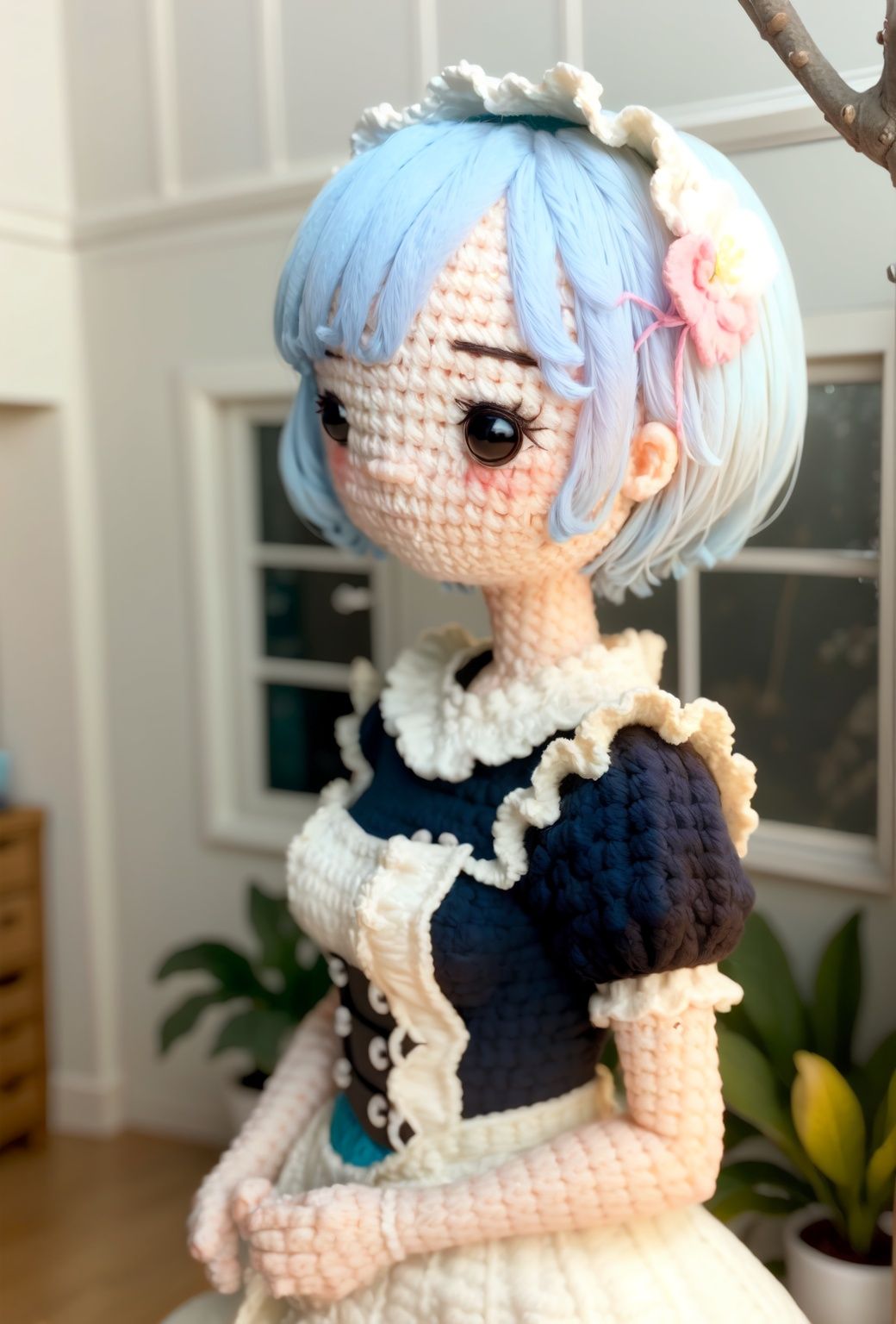 ZhenXian\(wanou\),ph_rem, remhd, 1girl, blue hair, solo, x hair ornament,roswaal mansion maid uniform, maid, ocean, bay, sunlight, trees, 