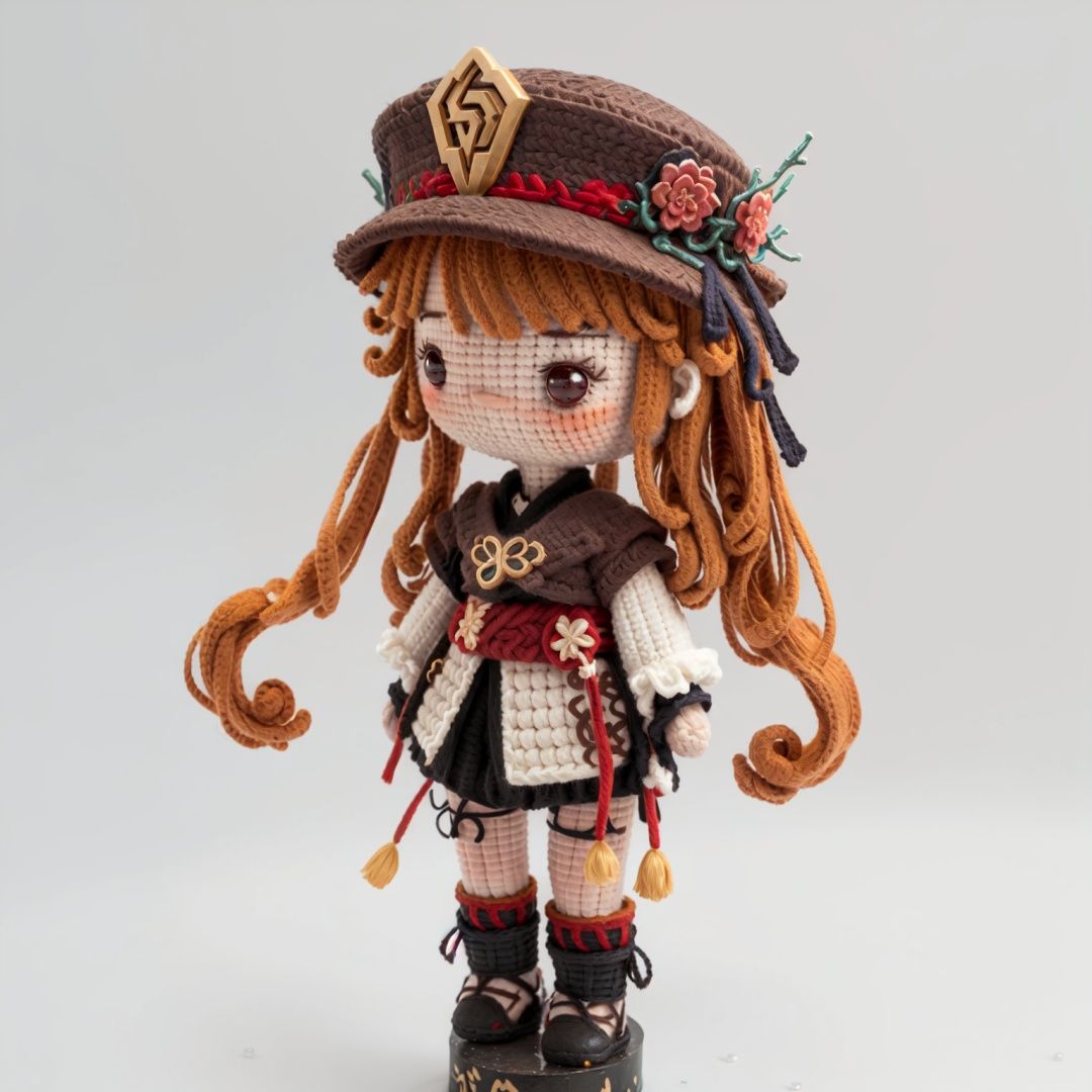 ZhenXian\(wanou\), 1girl, solo,hu tao (genshin impact), hat, red eyes, twintails, brown hair, solo, symbol-shaped pupils, long hair,bangs,full body,white background