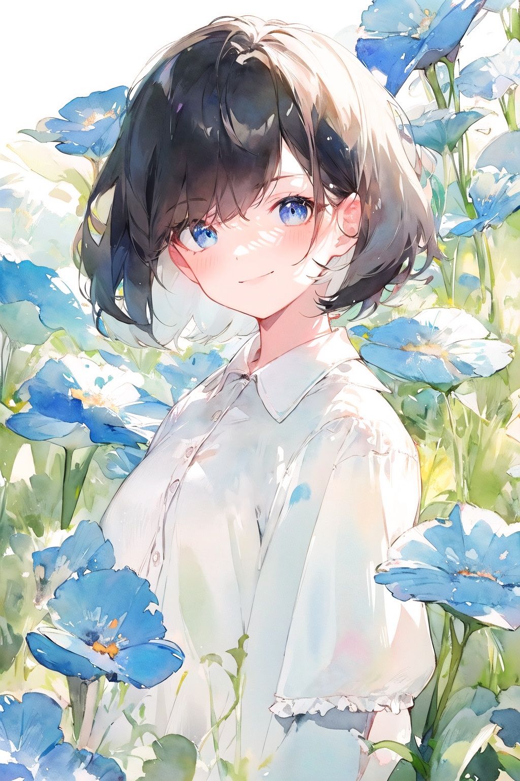 (watercolor:1.2),watercolor, 1girl, solo, flower, white background, holding, blue eyes, simple background, holding flower, blue flower, short hair, shirt, one eye covered, upper body, bob cut, long sleeves, looking at viewer, collared shirt, bangs, black hair, wide sleeves, blush, white shirt, smile, closed mouth, blue theme, short sleeves,<lora:watercolor:1.2>