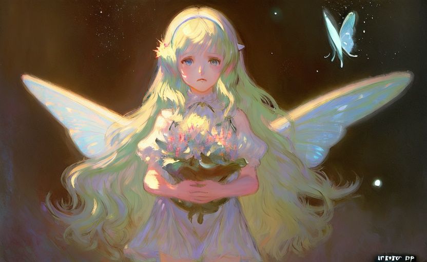 Studio Lighting,Moody Lighting ,a little girl with long hair in space with butterfly wings,star,(from deeep below:1.2),realistic photo,white long stockings, ,[(outline:1.2)]MOCA2,Character illustration style,masterpiec,best quality,cut face,deep eyes,flower, rim light,blurry and many light particles,by Jeremy Lipking, by Antonio J. Manzanedo ,hidari and akihiko yoshida ,soft painting,[(brush:1.2):15][( leaning towards watercolor:0.8):10],[(alphonse mucha:0.8):15] [( monet:1)::20]Steps: 20, Sampler: Euler a, CFG scale: 13, Seed: 2232384752, Size: 832x512, Model hash: 2d78a77b, Denoising strength: 0.77, Mask blur: 4