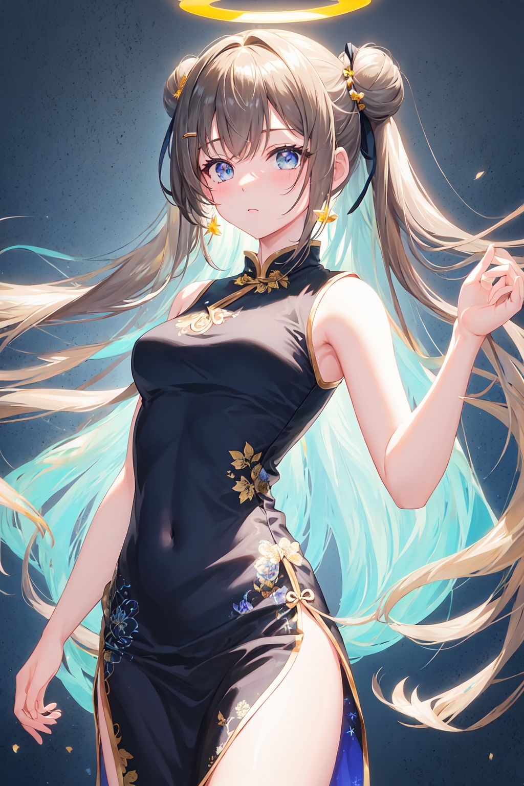 masterpiece,best_quality,1girl,solo,double_bun,hair_bun,long_hair,halo,looking_at_viewer,hair_ornament,black_dress,twintails,black_hair,breasts,closed_mouth,gradient,bangs,gradient_background,covered_navel,sleeveless,blue_eyes,small_breasts,cowboy_shot,very_long_hair,sleeveless_dress,side_slit,grey_background,hair_Flower,double_hairpin,(Qipao),gold_trim,gold_pattern
