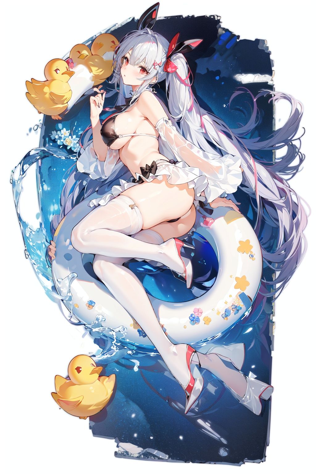 [(white background:1.5)::5], (imid shot:0.95), (full body:1.25), Dynamic angle, (falt color:1.3),colorful,1girl, breasts, manjuu (azur lane), swimsuit, long hair, bikini), twintails, looking at viewer, ass, water, large breasts, very long hair, inflatable toy, thighhighs, solo, red eyes, see-through, sideboob, white thighhighs, official alternate costume, rubber duck, bare shoulders, ribbon, detached sleeves, black bikini, innertube, hair bow, bow, white bikini, blush <lora:azur lane_20230619144714-000018:0.6>  