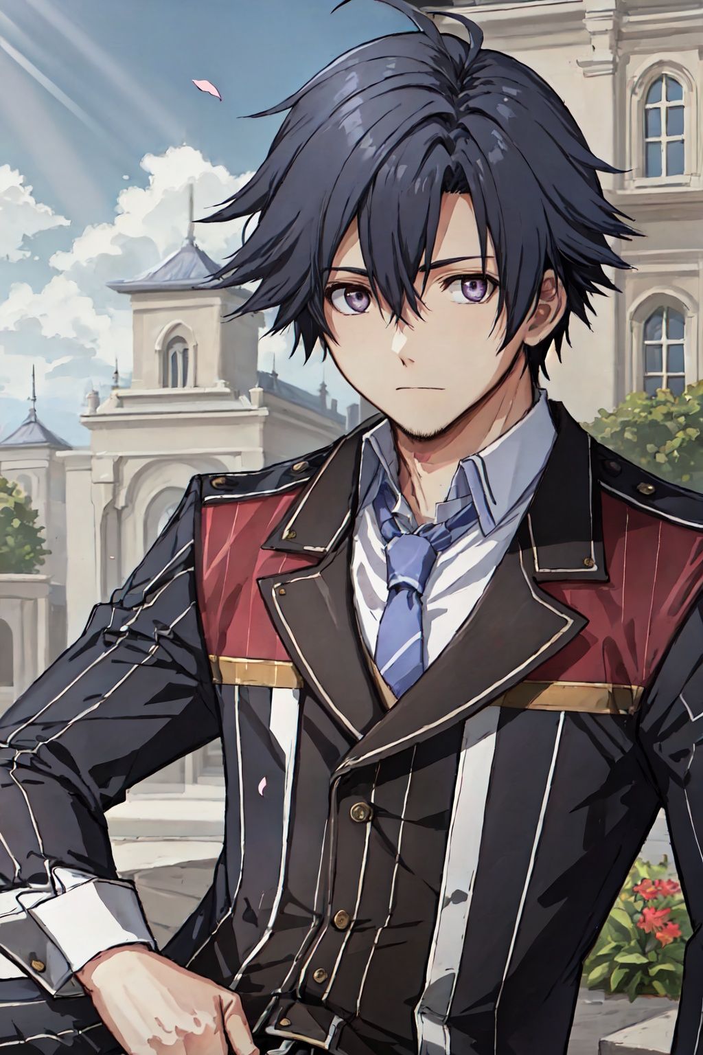 rean,1boy,black hair,rean,violet eyes,ahoge,big and detailed eyes, face, ((solo)),((no facial expression)) male_focus, portrait, ((solo)), (masterpiece),striped necktie,pants,closed_mouth,collared_shirt,long_sleeves,looking_at_another,male_focus,shirt,(((solo))),outdoors,plants,buildings,blue sky,petals,god rays