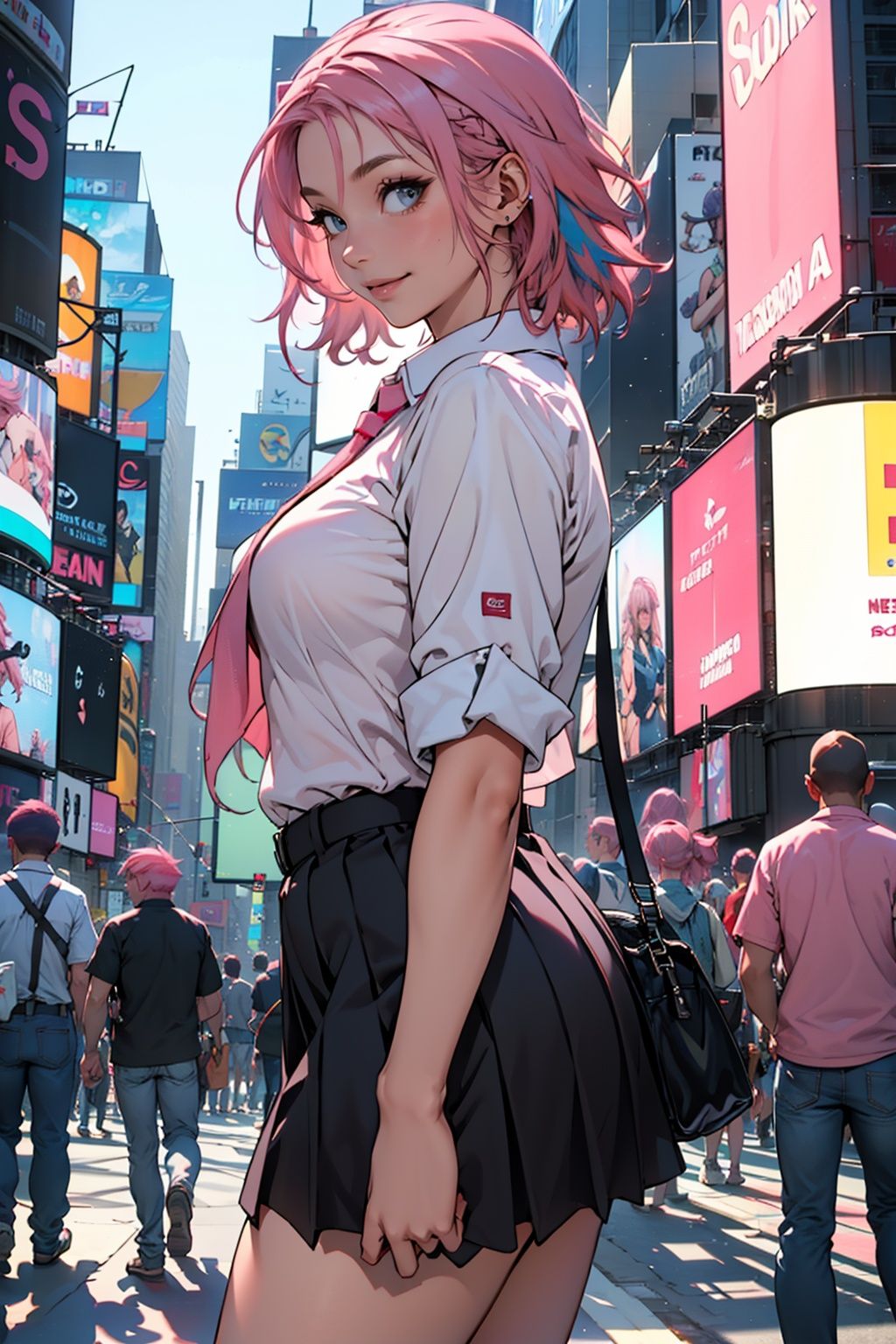 best quality,masterpiece,8k,1girl,(pink hair:1.8),cowboy shot,day,light smile,school uniform,Times Square USA