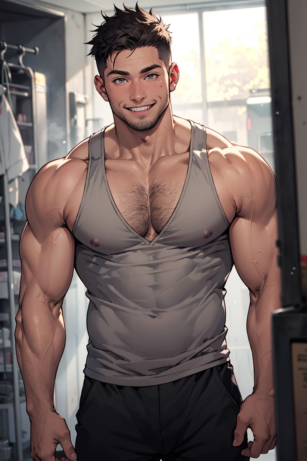 1man,masterpiece,best quality,muscular male,,hairy body,chubby,depth of field, messy,smile,**** top