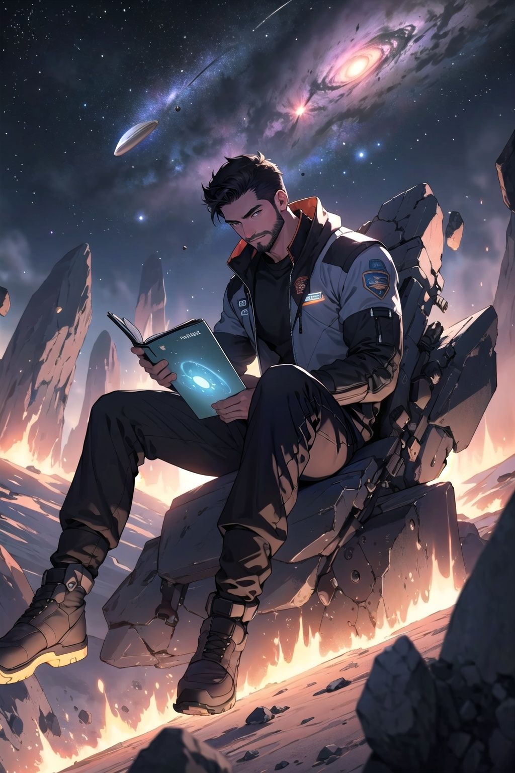 Draw a young programmer, sitting on a research platform floating in the middle of an asteroid belt. He is studying with a notebook, surrounded by several asteroids glowing with fiery auras. Dramatic lighting from distant stars and planets illuminates the scene, casting deep shadows on the suit. The young man looks confident and determined, looking at the vast and mysterious universe with wonder and respect,facial hair, cowboy shot, 