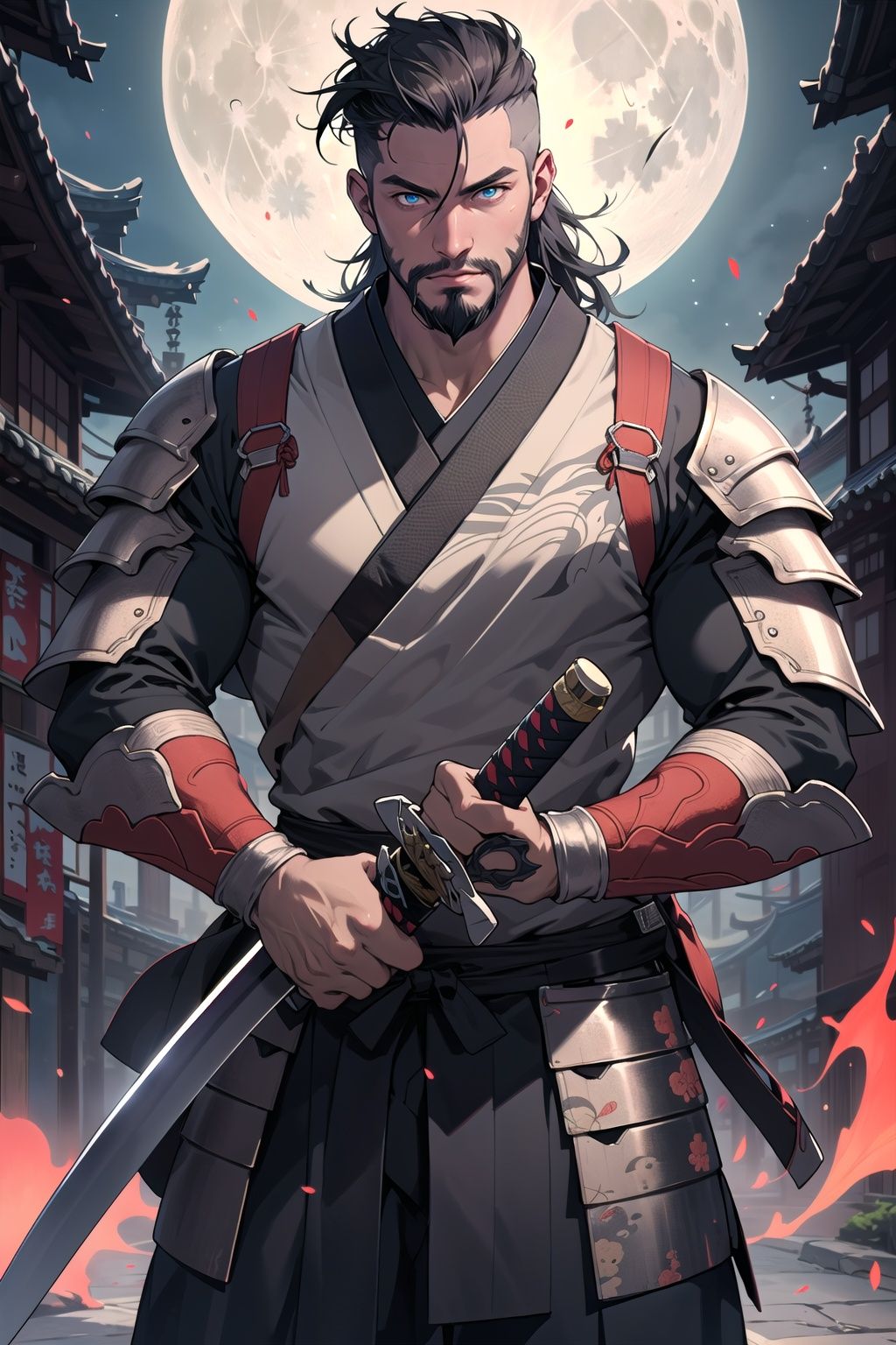 1man,masterpiece,best quality,detailed background,solo,muscular male,cowboy shot,east asian architecture,full moon,japanese armor,holding katana,looking at viewer,beard,detailed eyes,beautiful eyes,standing,depth of field,