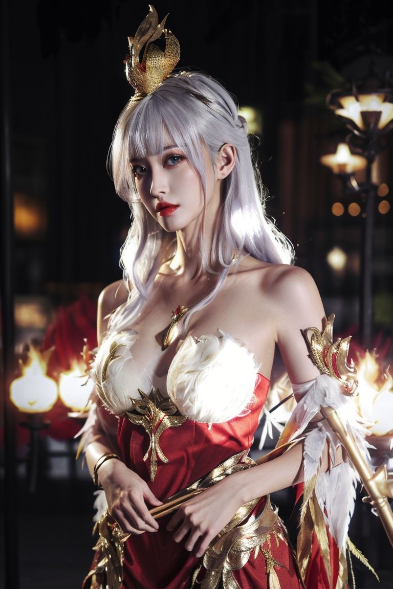 1girl,solo,looking at viewer,Best quality,masterpiece,ultra high res,(photorealistic:1.4), <lora:fenghuangyufei:0.75>，fhyf,red dress,long hair,white hair,bare shoulders,staff