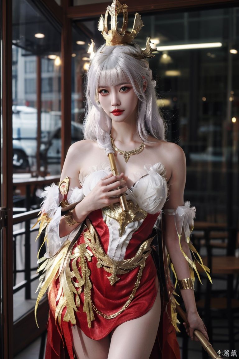 1girl,solo,looking at viewer,Best quality,masterpiece,ultra high res,(photorealistic:1.4), <lora:fenghuangyufei:0.75>，fhyf,red dress,long hair,white hair,bare shoulders,staff