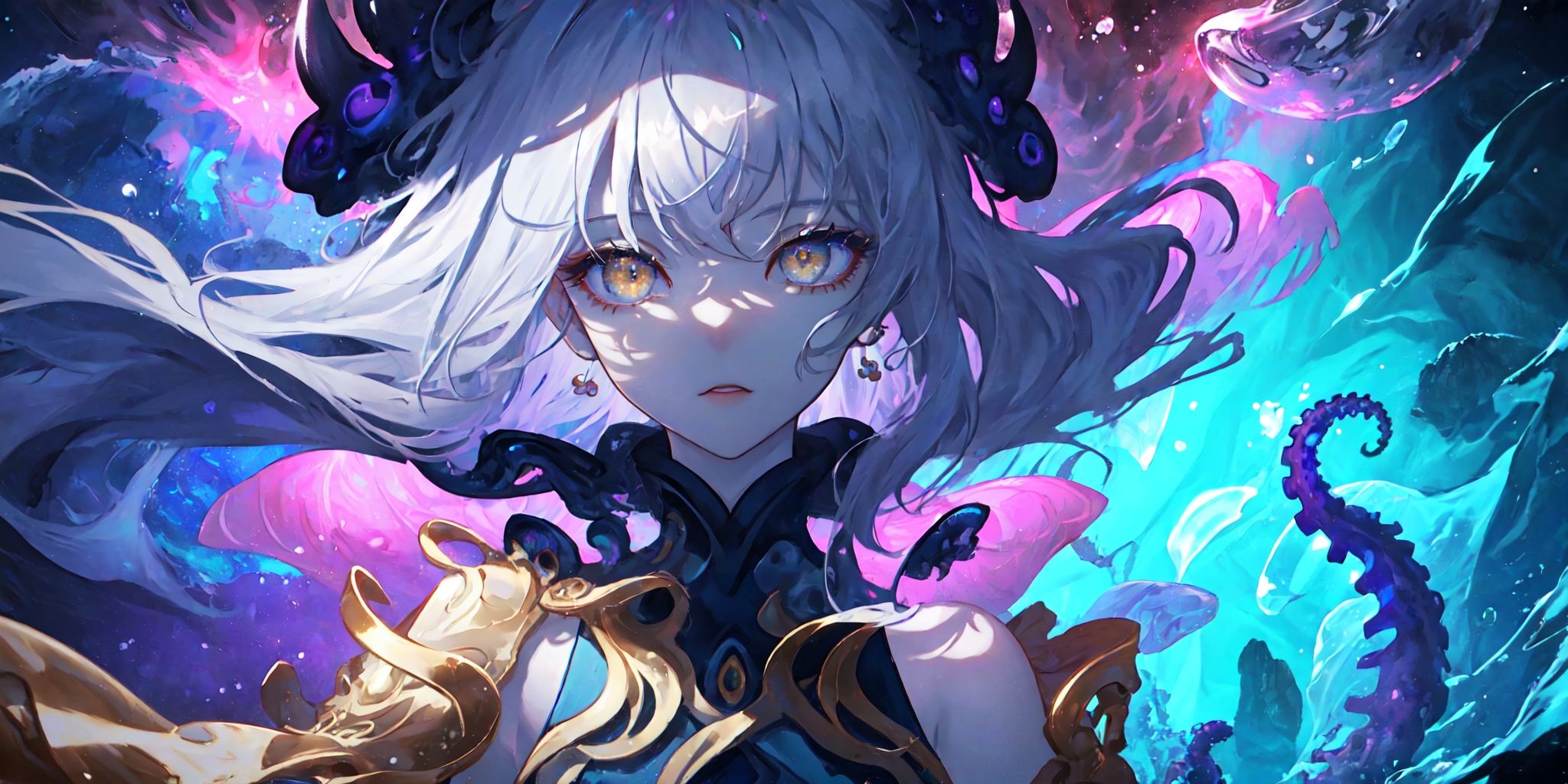 best quality,Amazing,Beautiful golden eyes,finely detail,Depth of field,extremely detailed CG unity 8k wallpaper,(1 girl :1.5),Deep sea background,jellyfish,masterpiece,fluttered detailed splashs, beautiful detailed water,cosmic eyes,Shock sensation,(realistic :0.5),octopus,original<lora:beautifulDetailedEyes_v10:0.5>, <lora:lightAndShadow_v10:0.5> <lora:fashionGirl_v45:0.4> <lora:epiNoiseoffset_v2:0.4> 