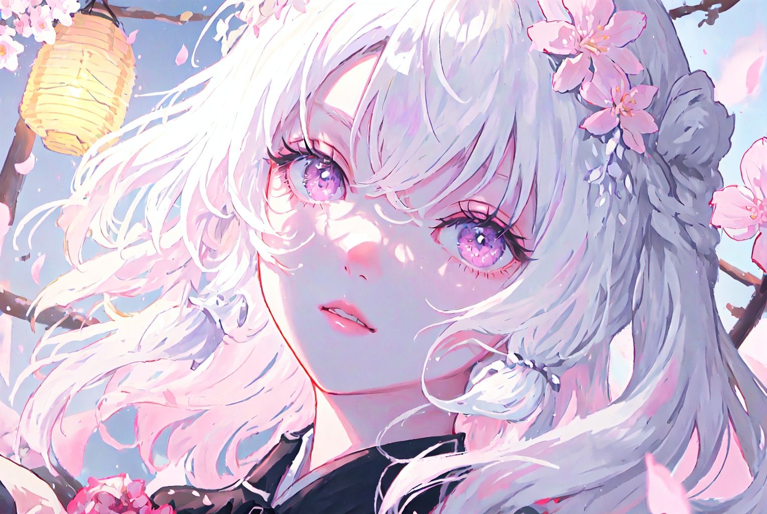 1girl, solo, flower, bangs, shirt, lantern, bow, long hair, white hair, hair ornament, looking at viewer, hair flower, pink eyes, pink flower, upper body, cherry blossoms, dutch angle, parted lips, black shirt<lora:beautifulDetailedEyes_v10:0.5>, <lora:lightAndShadow_v10:0.5><lora:epiNoiseoffset_v2:0.4> <lora:fashionGirl_v45:0.4>