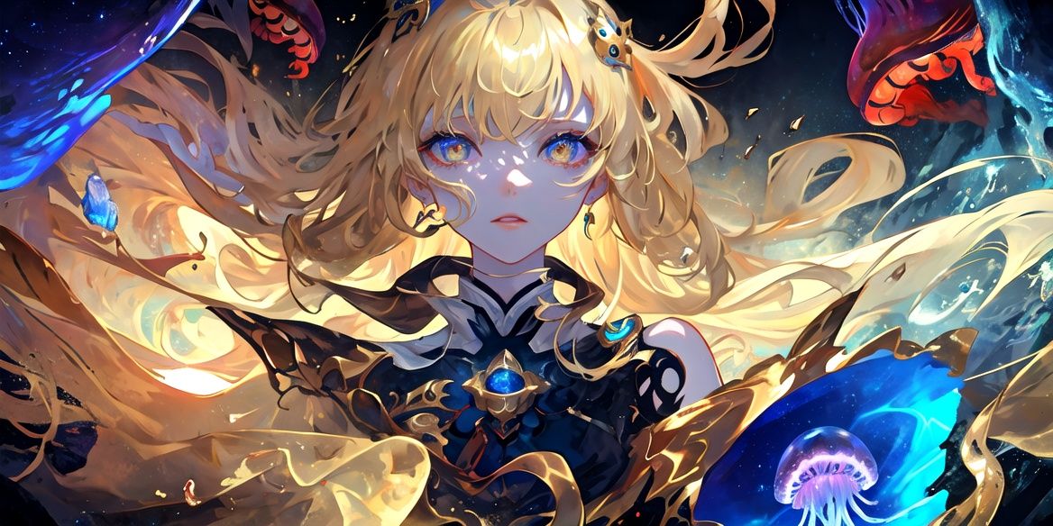 best quality,Amazing,Beautiful golden eyes,finely detail,Depth of field,extremely detailed CG unity 8k wallpaper,(1 girl :1.5),Deep sea background,jellyfish,masterpiece,