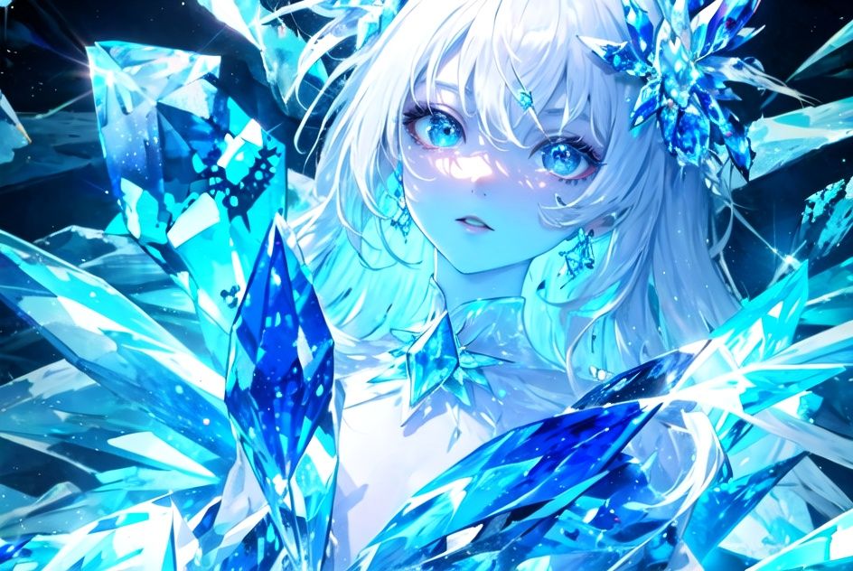 masterpiece, best quality, masterpiece,best quality,official art,extremely detailed CG unity 16k wallpaper,masterpiece, (science fiction:1.1), full body,(ultra-detailed crystallization:1.5), (crystallizing girl:1.5), kaleidoscope, ((iridescent:1.5) long hair), (glittering silver eyes), sitting, surrounded by colorful crystals, blue skin, (skin fusion with crystal:1.8),
