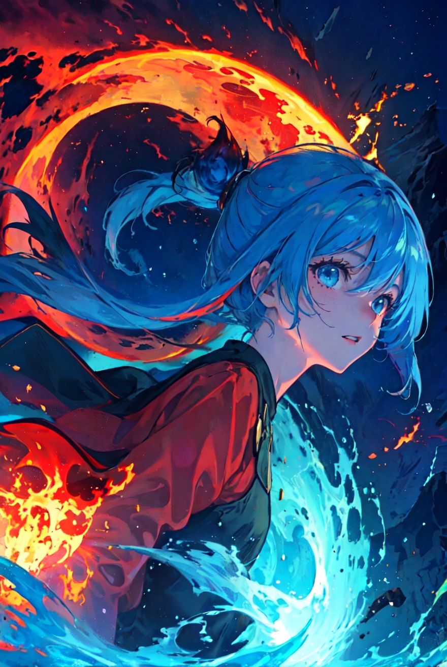 masterpiece, best quality,extremely detailed CG unity 8k wallpaper, best quality, extremely detailed, detailed, art of light novel cover,highres,(anime screencap),((Beautiful and detailed explosion)),((outdoors, nature,flame_sea,blue fire,dark sky with dark clouds:1.25)),(1girl:1.5) ,(night),stars,moon light,explosion,Burn oneself in flames,Good looking flame,(aurora:0.5)((world of flames,Red Moon)),<lora:beautifulDetailedEyes_v10:0.5>, <lora:lightAndShadow_v10:0.5> <lora:fashionGirl_v45:0.4> <lora:epiNoiseoffset_v2:0.4> <lora:LoraAtdanStyleFor_loraV10:0.3> <lora:yoneyamaMaiStyle_yoneyamaMaiV2Locon:0.3> 