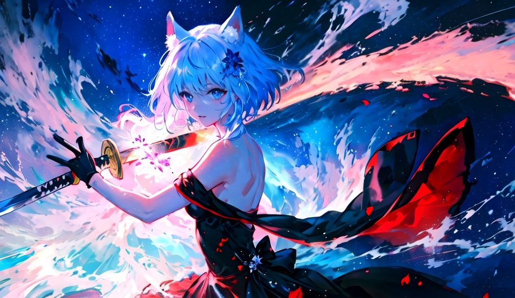 1girl, animal_ears, aurora, bangs, bare_shoulders, black_hair, breasts, city_lights, cleavage, constellation, flower, full_moon, galaxy, gloves, hair_flower,full body ,hair_ornament, katana, light_particles, mole, moon, moonlight, night, night_sky, off_shoulder, red_flower, red_rose, 