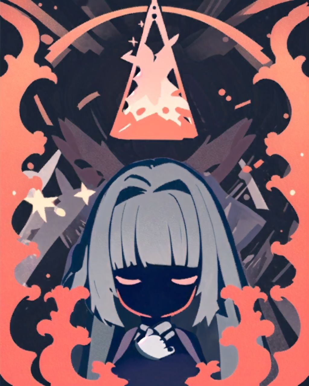 long hair, 1girl, fire, dress, solo, hair intakes, sephiroth, black dress, long sleeves, grey hair, chibi, faceless, no mouth, bangs,<lora:Re1999Skill_style:1>