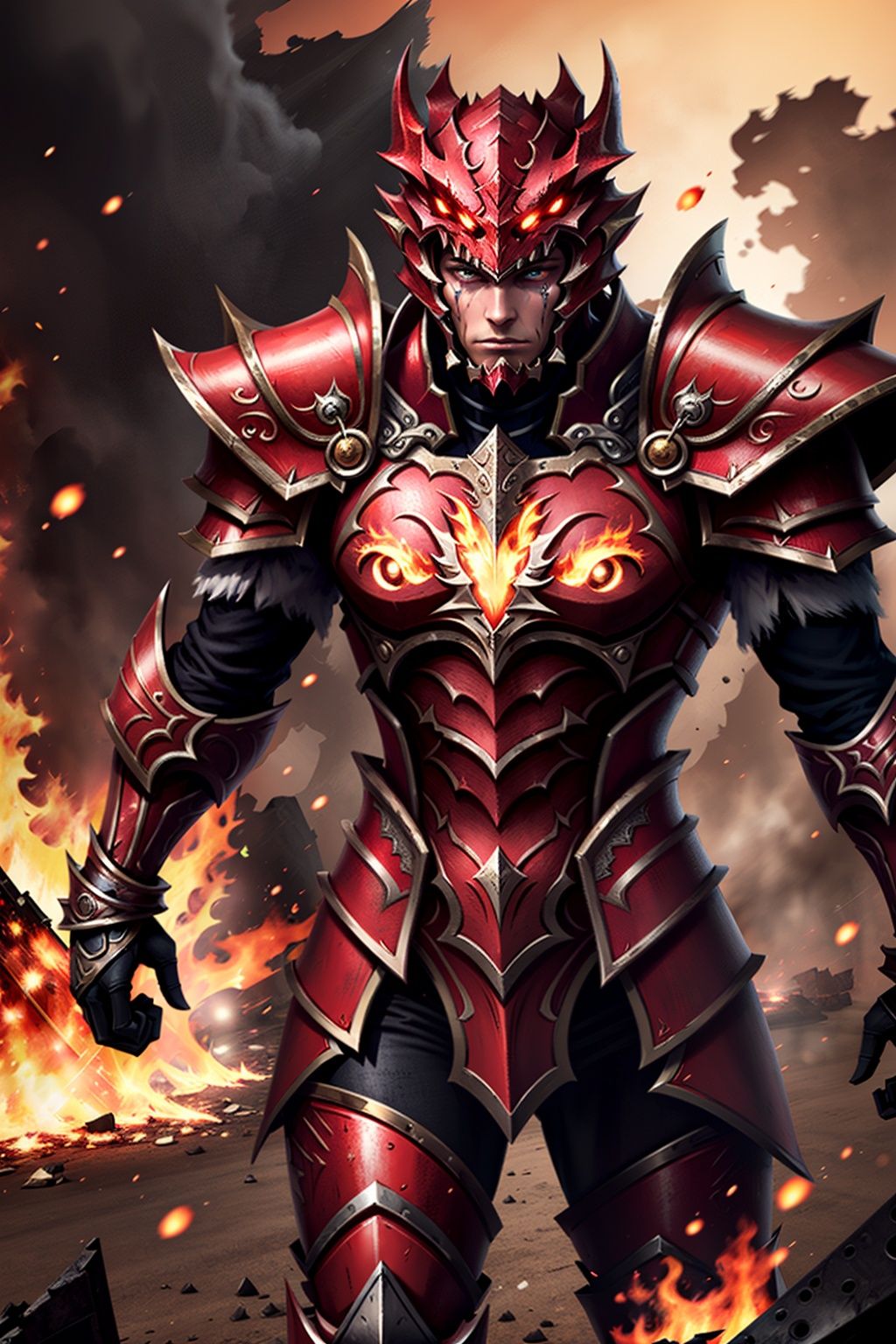 armor, solo, 1boy,  red, <lora:MUqishi_20230611191612:0.65>,(emotional body movements:1.5),(beautiful eyes, bright visuals), 4k, game cg, The battlefield background surrounded by flames