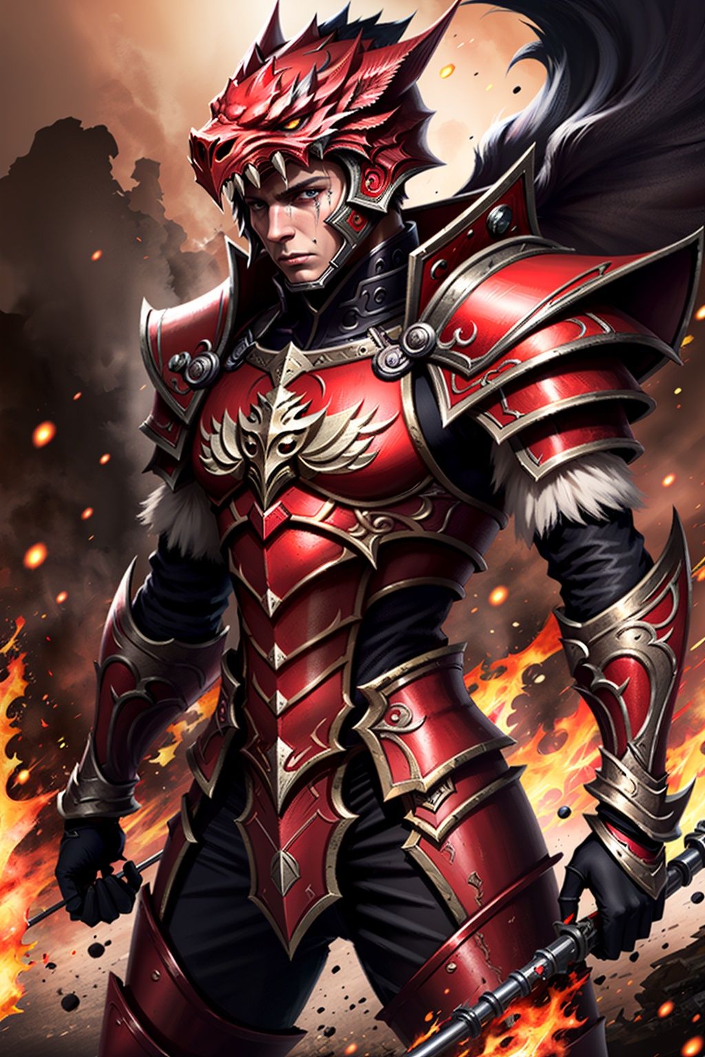 armor, solo, 1boy,  red, <lora:MUqishi_20230611191612:0.65>,(emotional body movements:1.5),(beautiful eyes, bright visuals), 4k, game cg, The battlefield background surrounded by flames