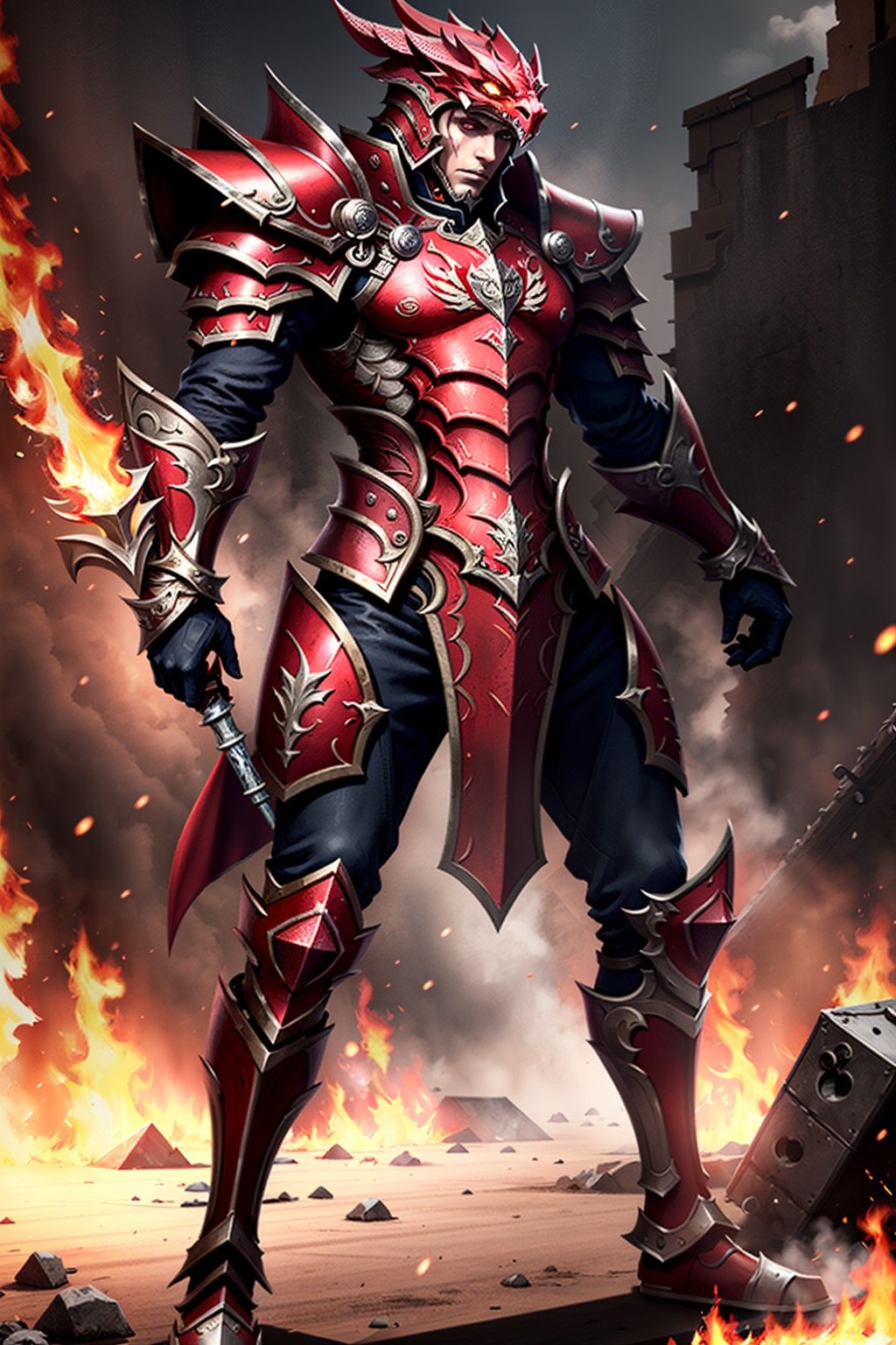 armor, solo, 1boy,  red, <lora:MUqishi_20230611191612:0.65>,(emotional body movements:1.5),(beautiful eyes, bright visuals), 4k, game cg, The battlefield background surrounded by flames