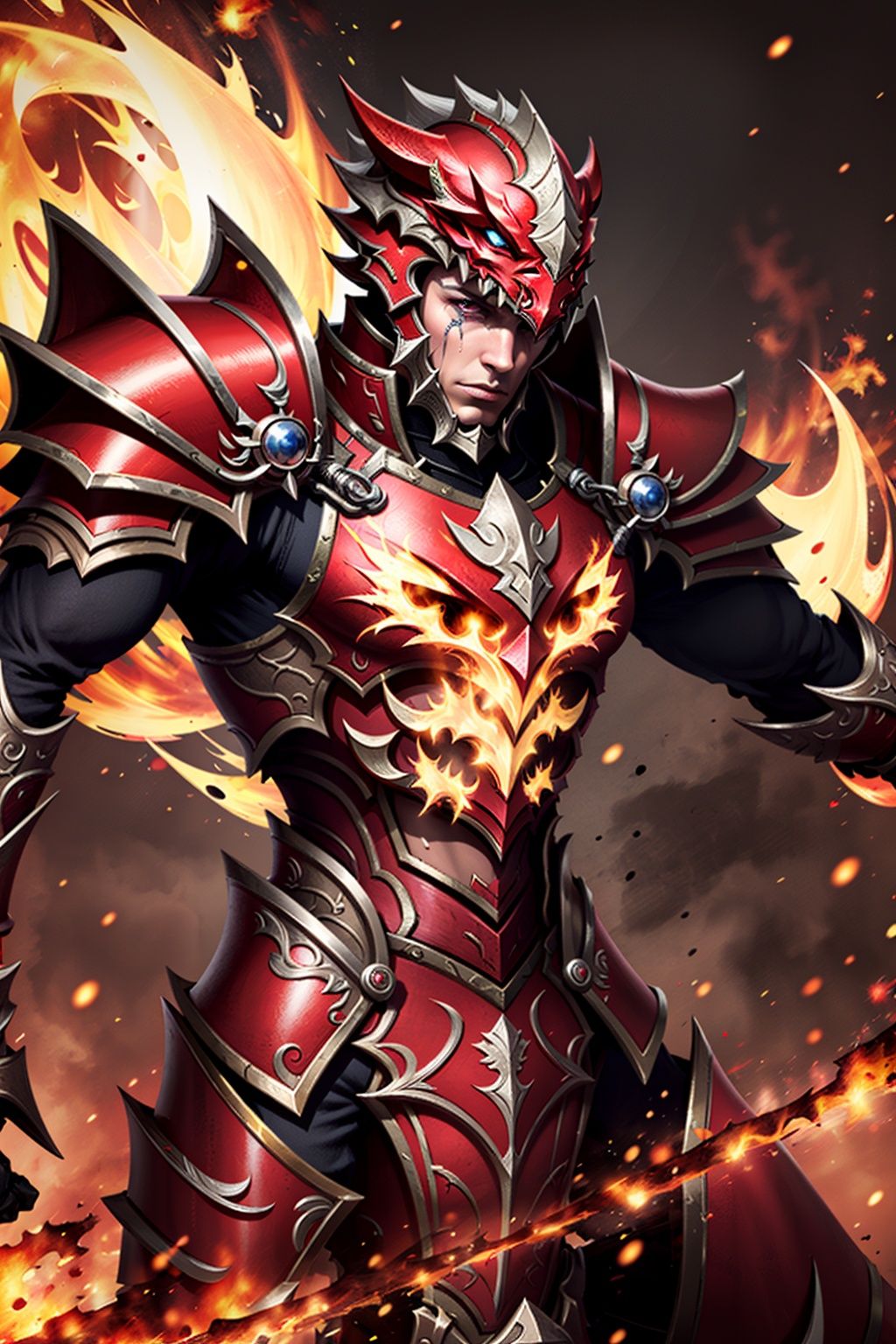 armor, solo, 1boy,  red, <lora:MUqishi_20230611191612:0.65>,(emotional body movements:1.5),(beautiful eyes, bright visuals), 4k, game cg, The battlefield background surrounded by flames
