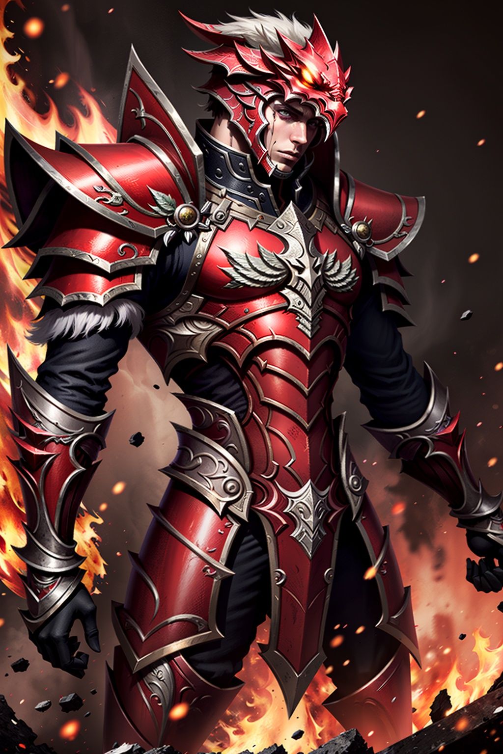 armor, solo, 1boy,  red, <lora:MUqishi_20230611191612:0.65>,(emotional body movements:1.5),(beautiful eyes, bright visuals), 4k, game cg, The battlefield background surrounded by flames