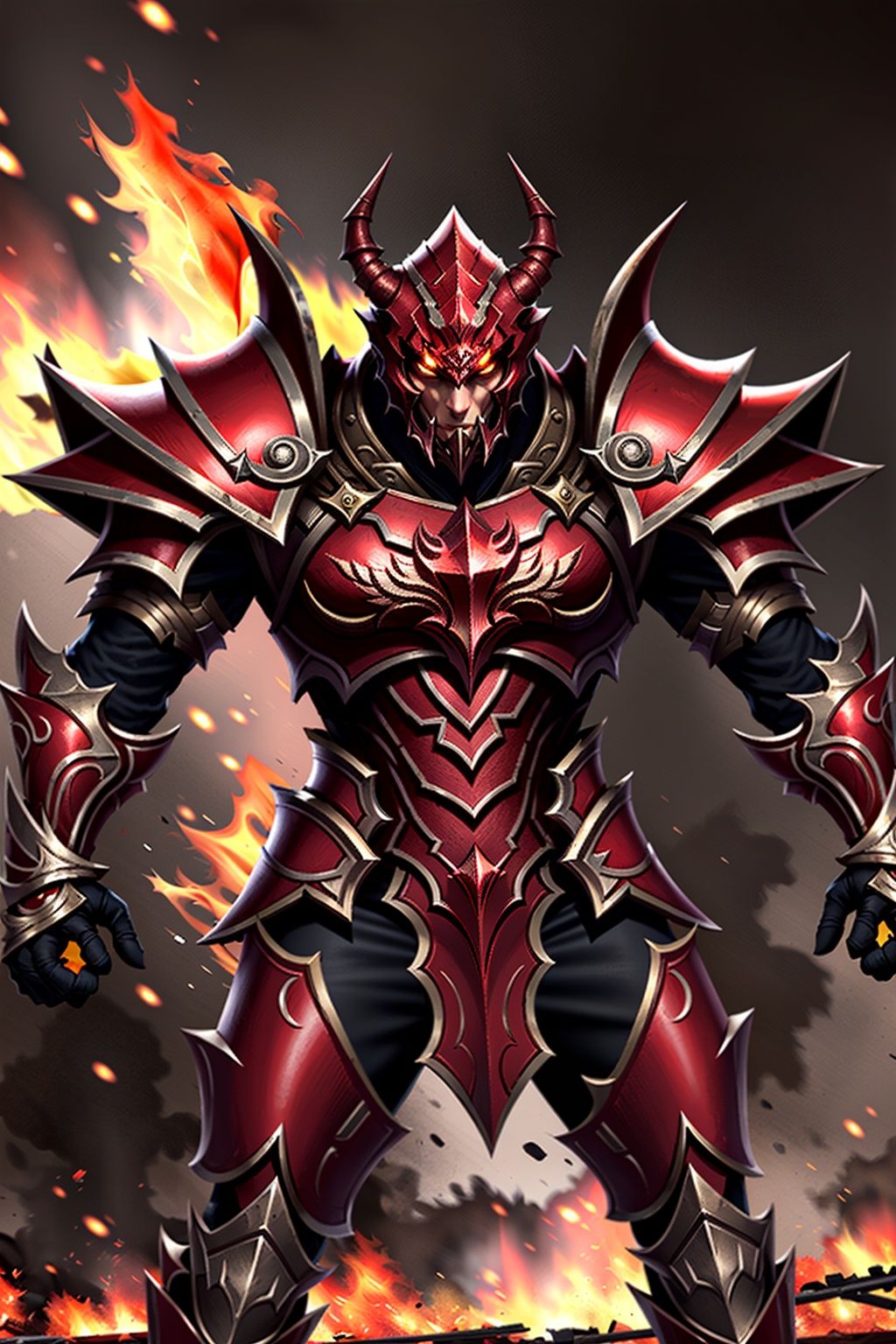 armor, solo, 1boy,  red, <lora:MUqishi_20230611191612:0.65>,(emotional body movements:1.5),(beautiful eyes, bright visuals), 4k, game cg, The battlefield background surrounded by flames