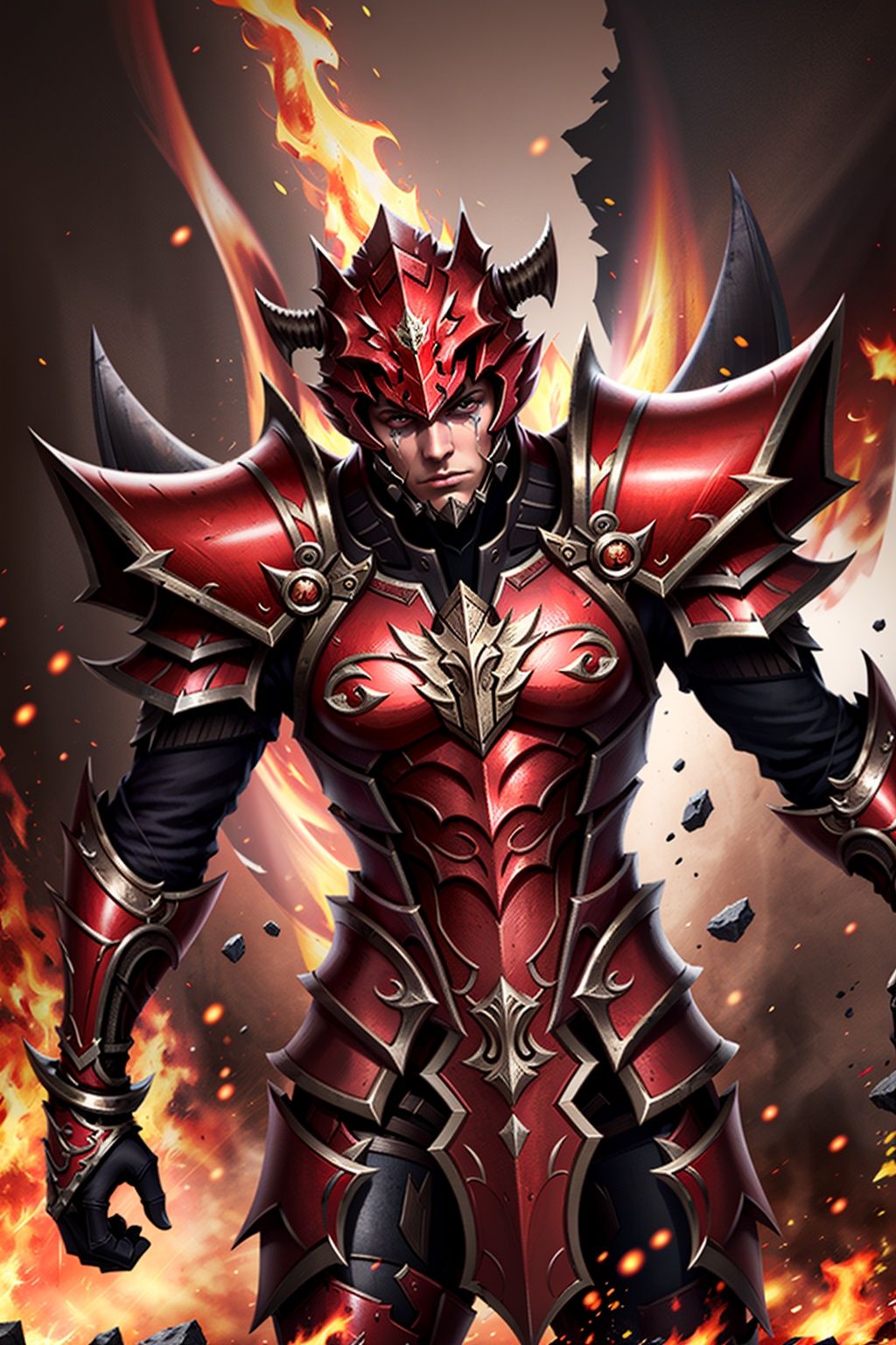 armor, solo, 1boy,  red, <lora:MUqishi_20230611191612:0.65>,(emotional body movements:1.5),(beautiful eyes, bright visuals), 4k, game cg, The battlefield background surrounded by flames