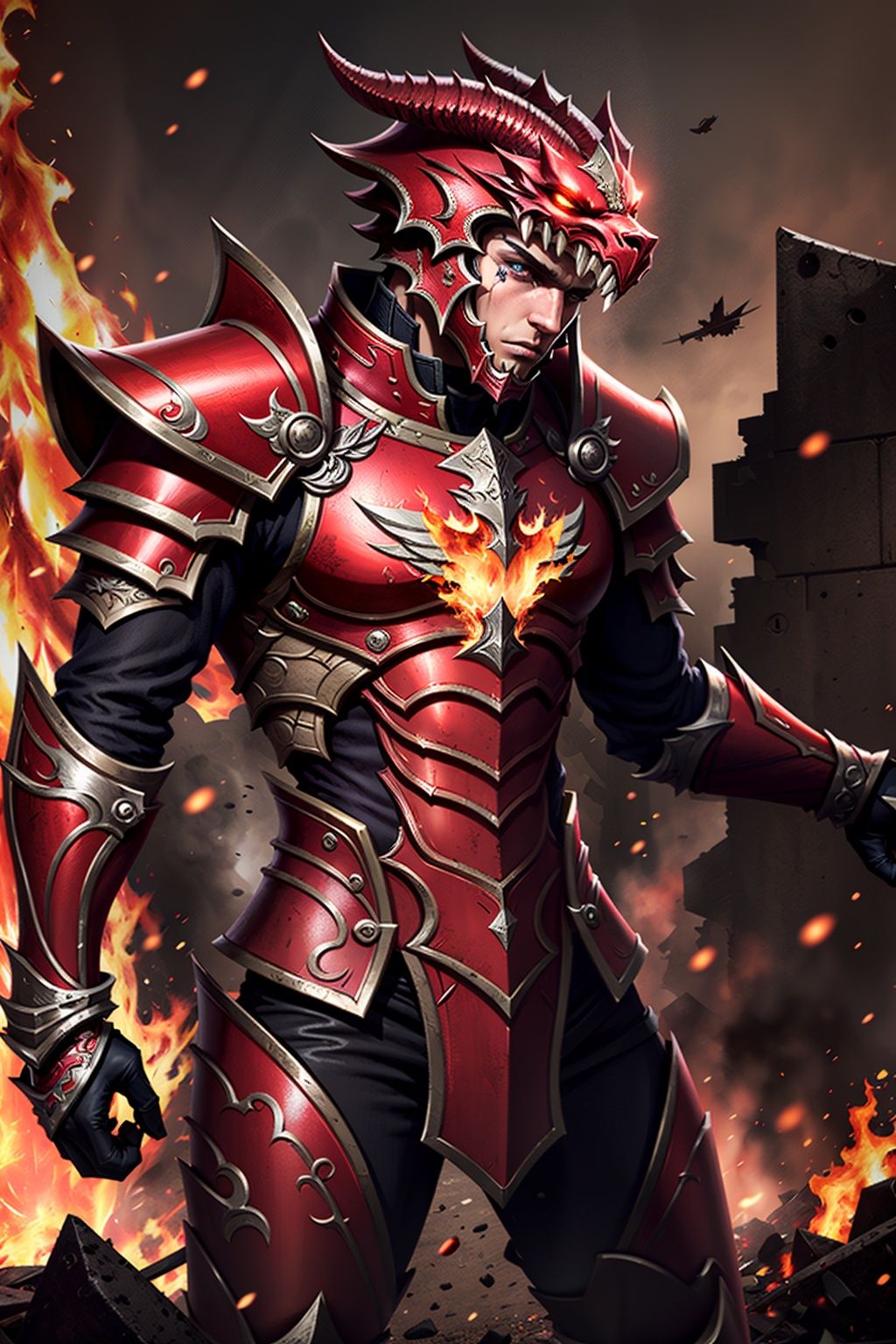 armor, solo, 1boy,  red, <lora:MUqishi_20230611191612:0.65>,(emotional body movements:1.5),(beautiful eyes, bright visuals), 4k, game cg, The battlefield background surrounded by flames